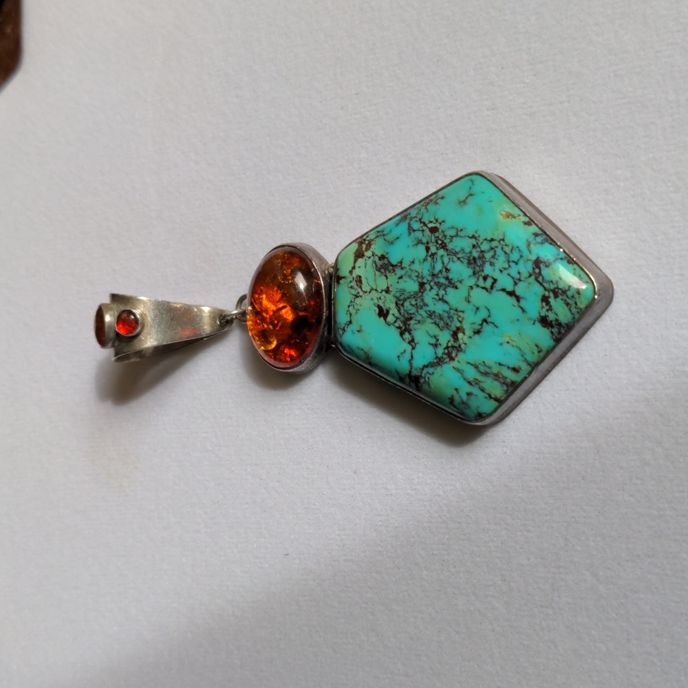 David Troutman Navajo Sterling Turquoise Amber Signed Pendant